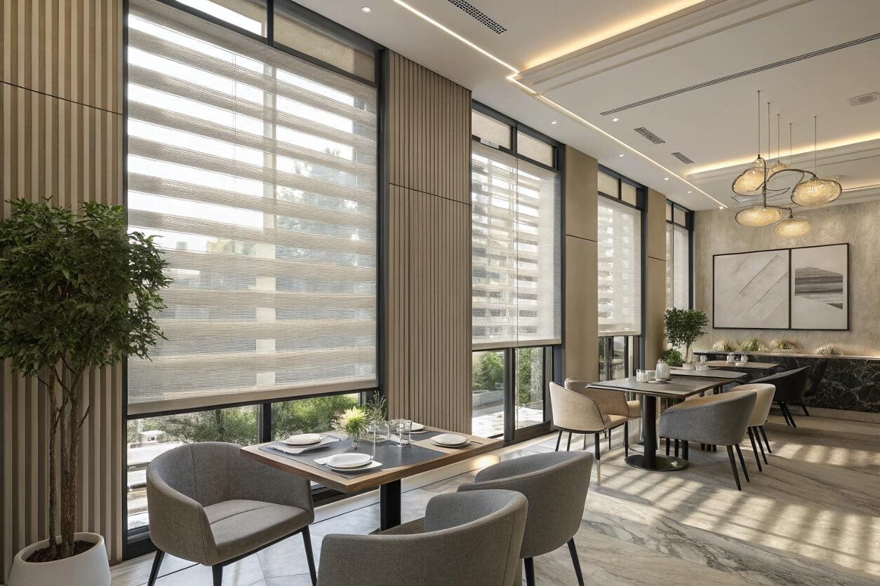 Elegant dining room with zebra blinds and sunlight
