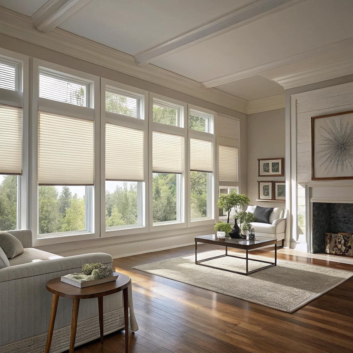 Bright living room with honeycomb shades