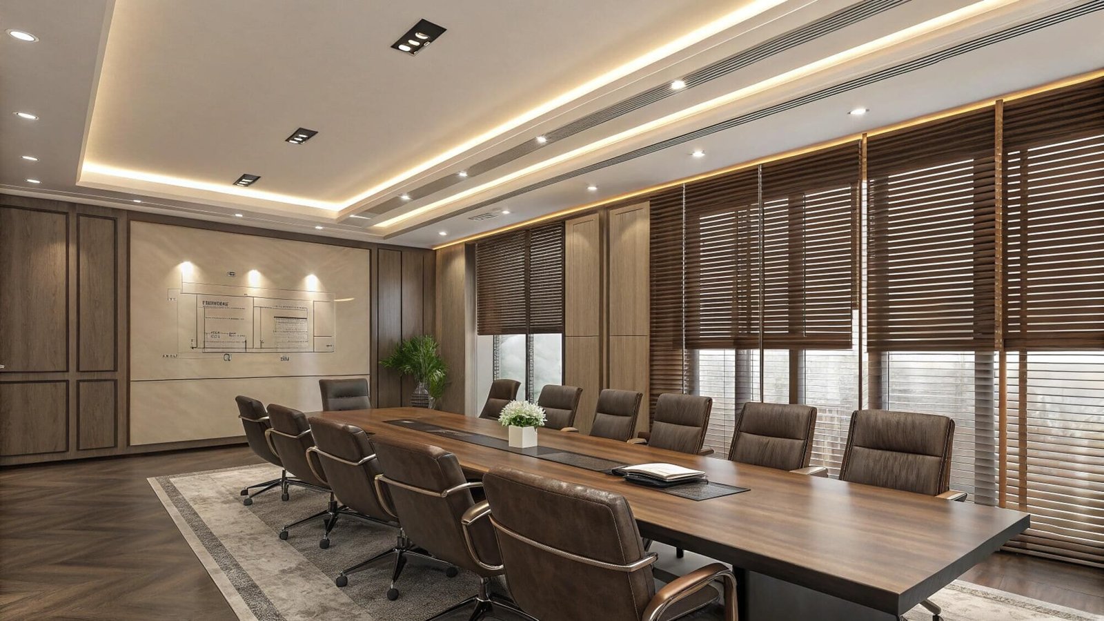 Executive boardroom with wood blinds and conference table
