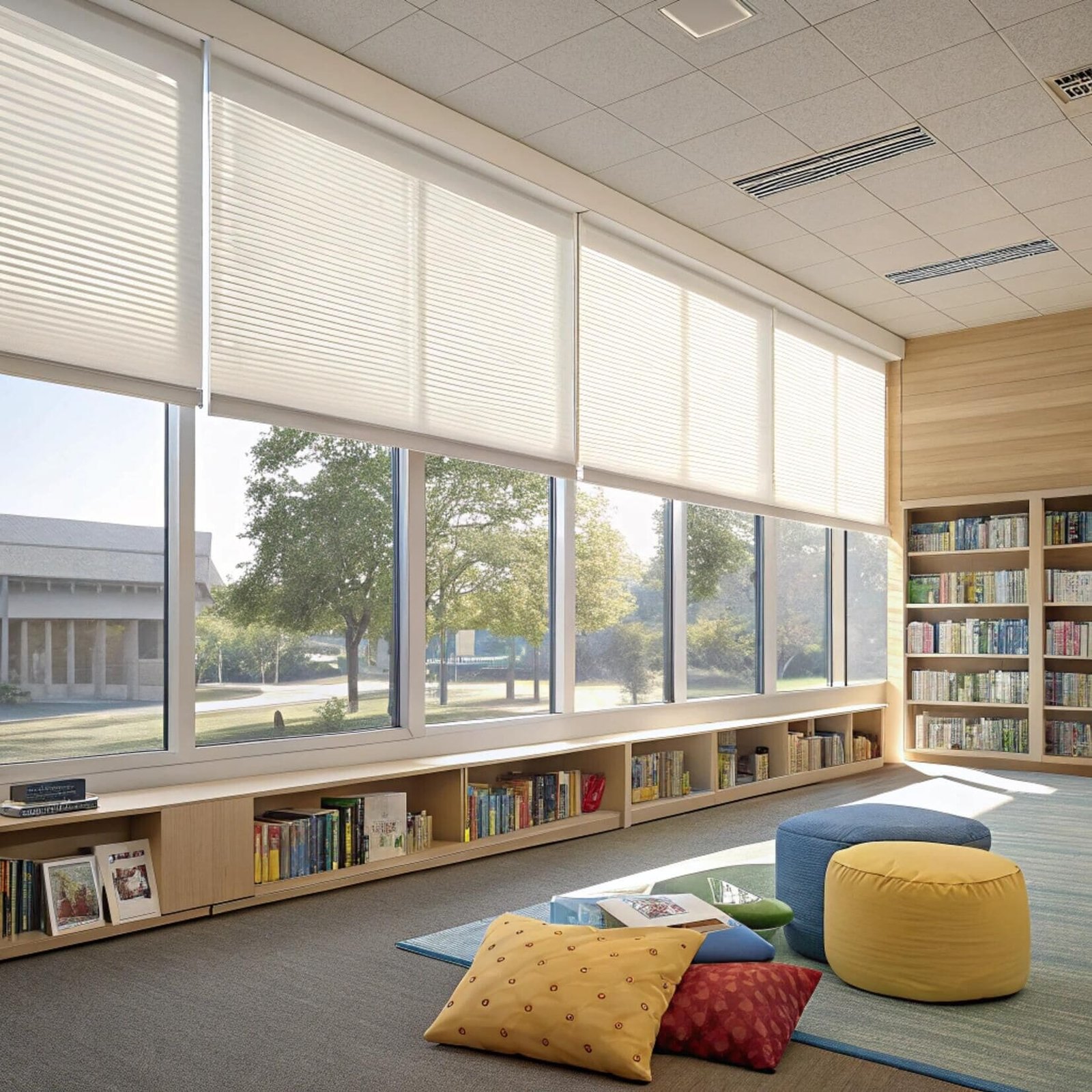 School library with sheer white roller blinds and bookcases
