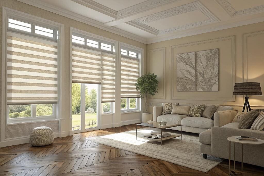 Spacious living room with beige zebra blinds