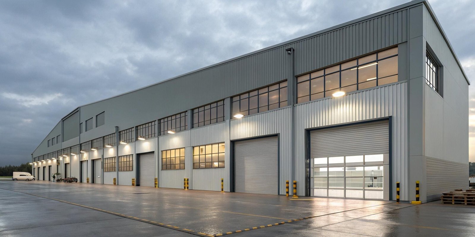 Industrial warehouse with exterior rolling shutters