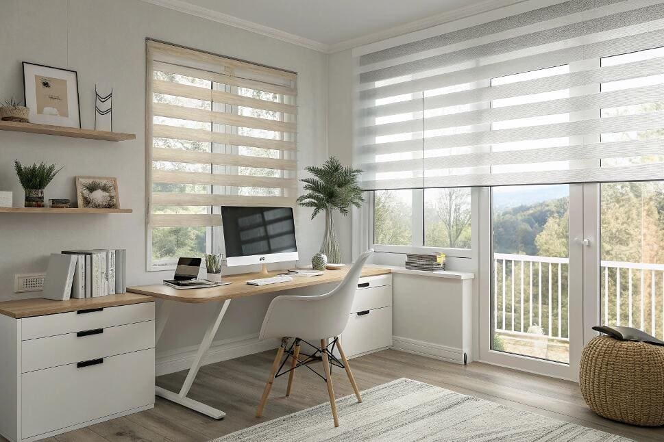 Bright office with zebra blinds and balcony