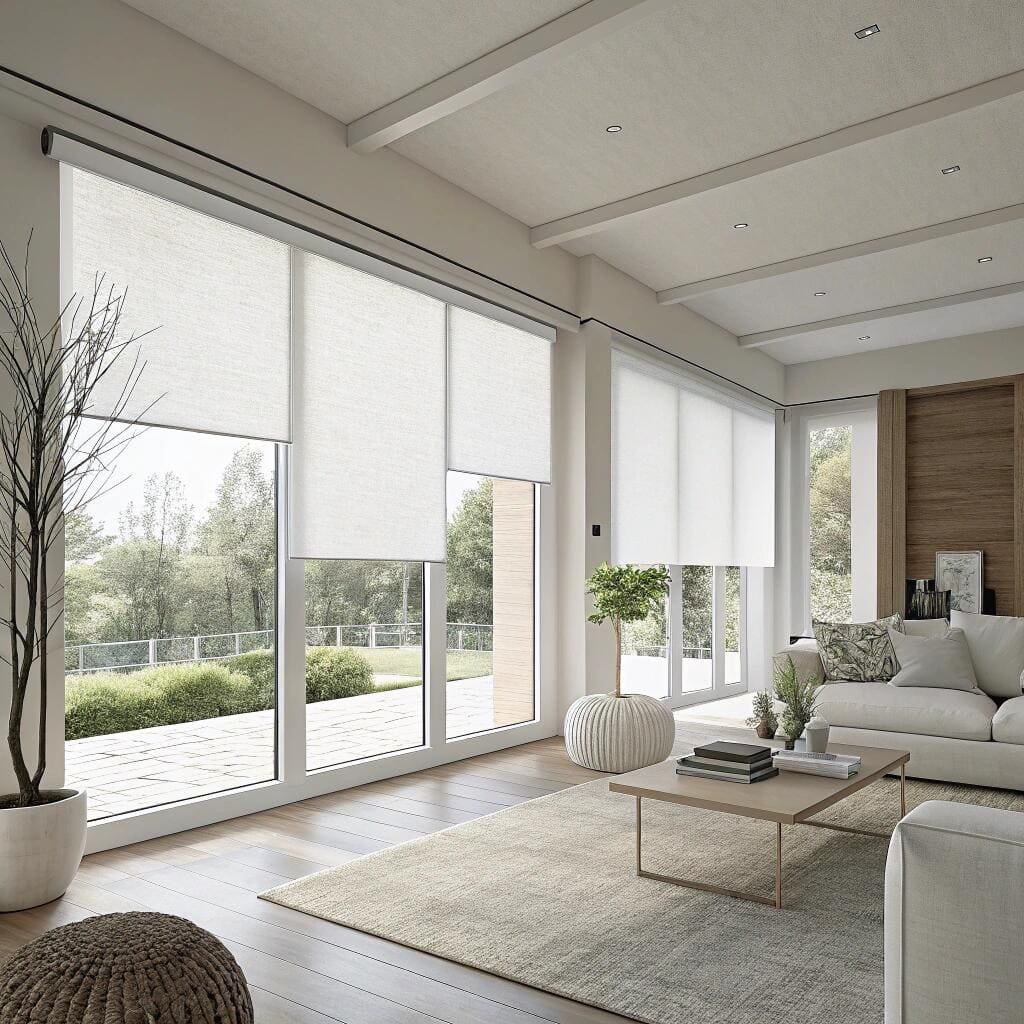 Bright living room with white roller shades and large windows
