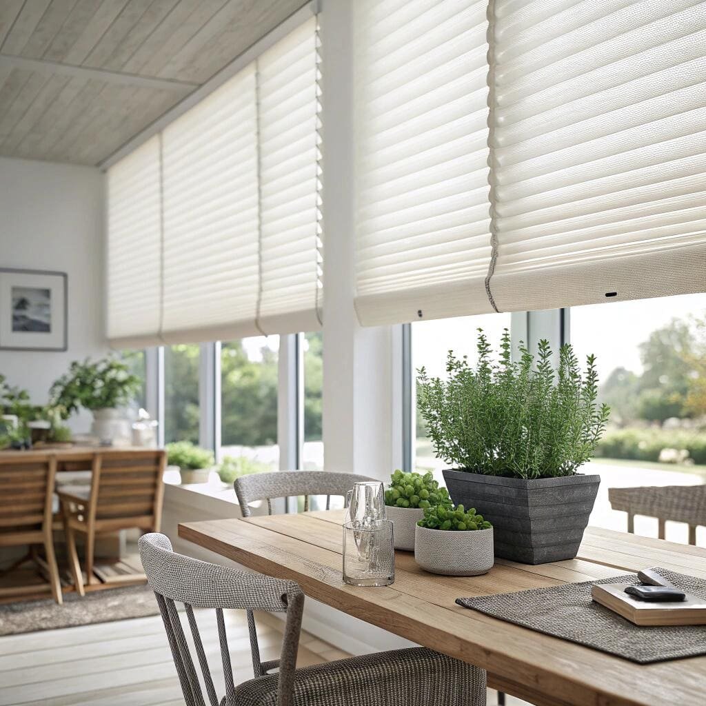Dining room with white cellular blinds and plants
