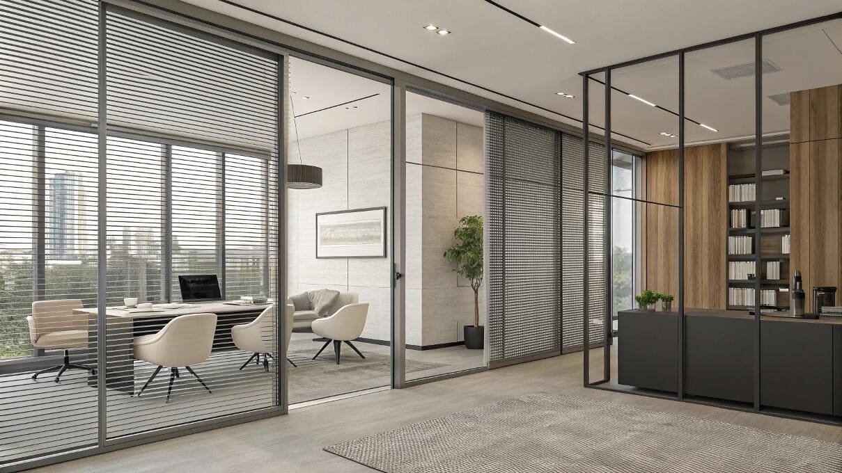 Contemporary executive office with aluminum venetian blinds