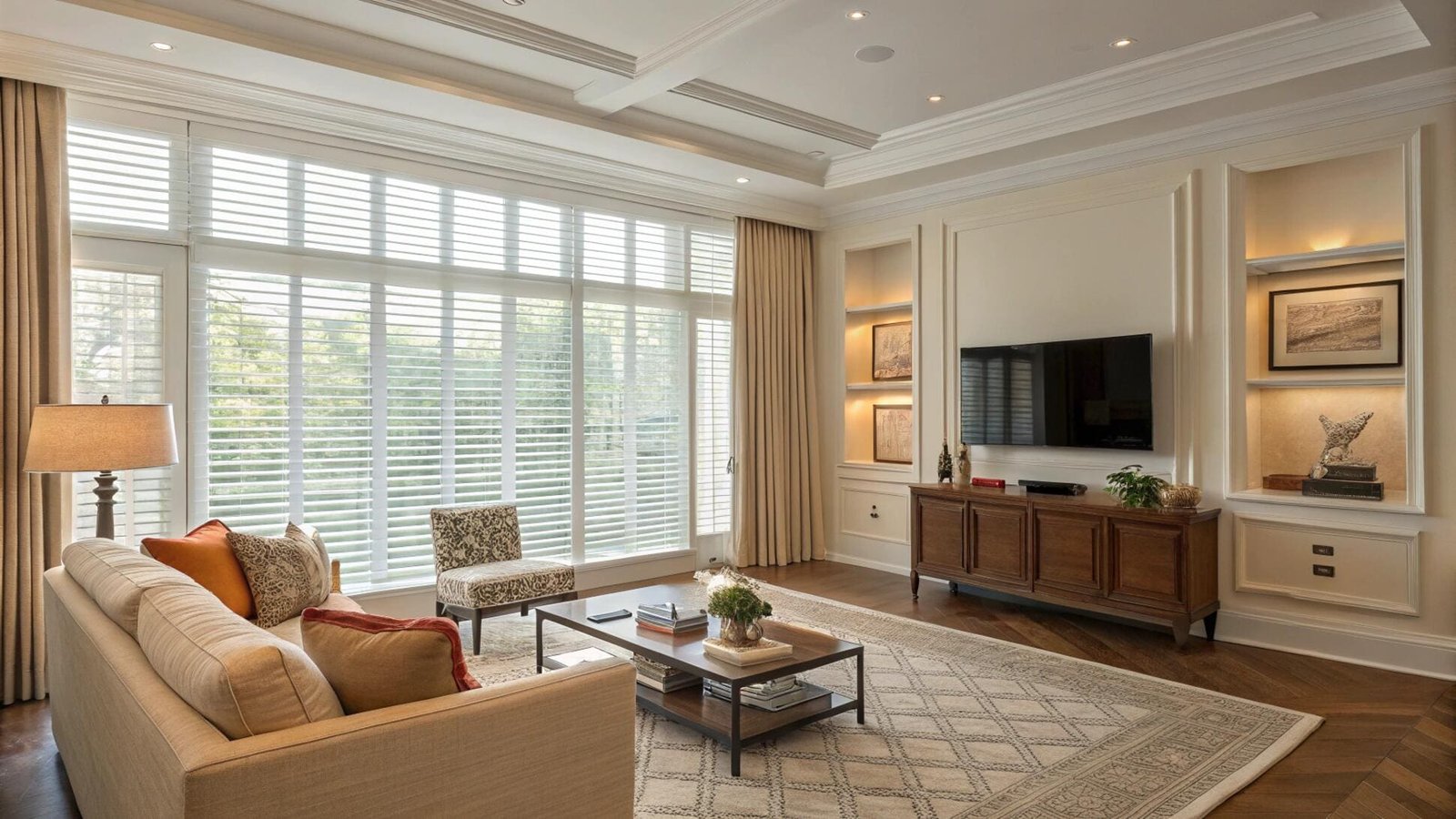 Elegant living room with white plantation shutters
