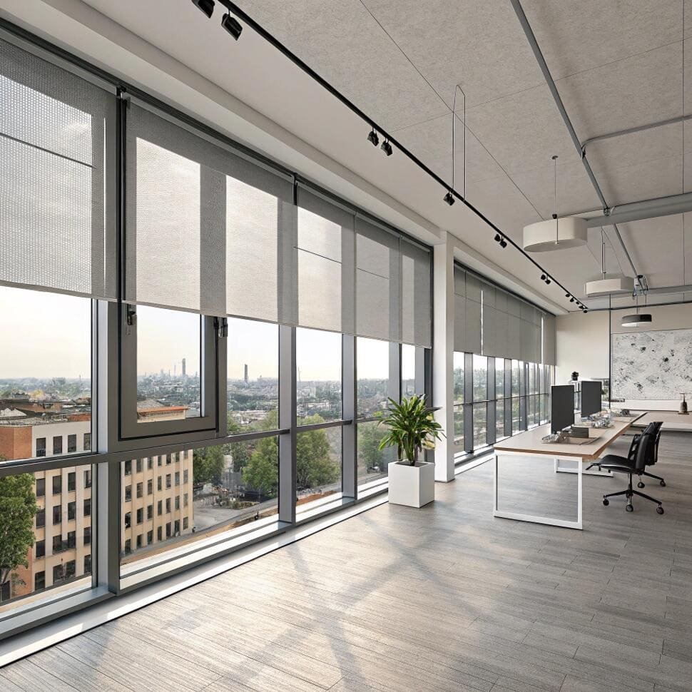 Modern open-plan office with solar roller blinds