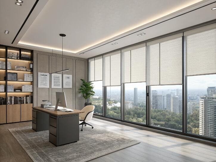 Private office with panoramic city view and motorized blinds