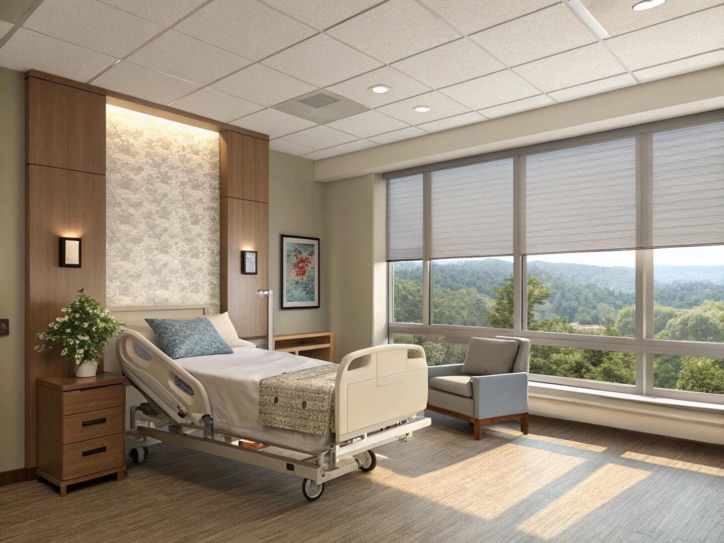 Patient room with motorized blackout blinds and nature view