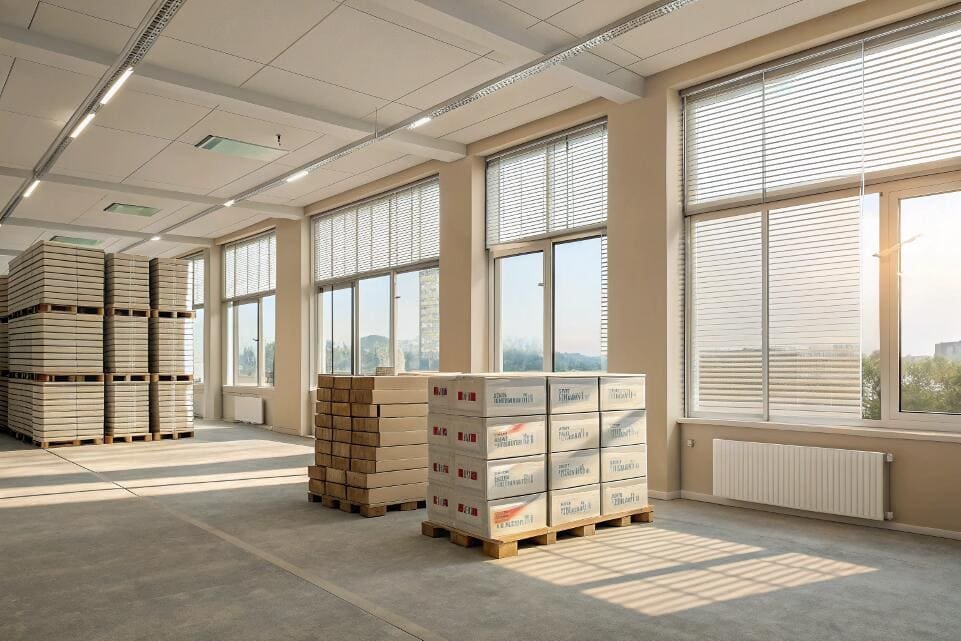 Industrial warehouse with white venetian blinds and stacked pallets