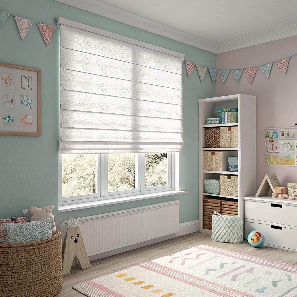 Children's room with white fabric roman blinds