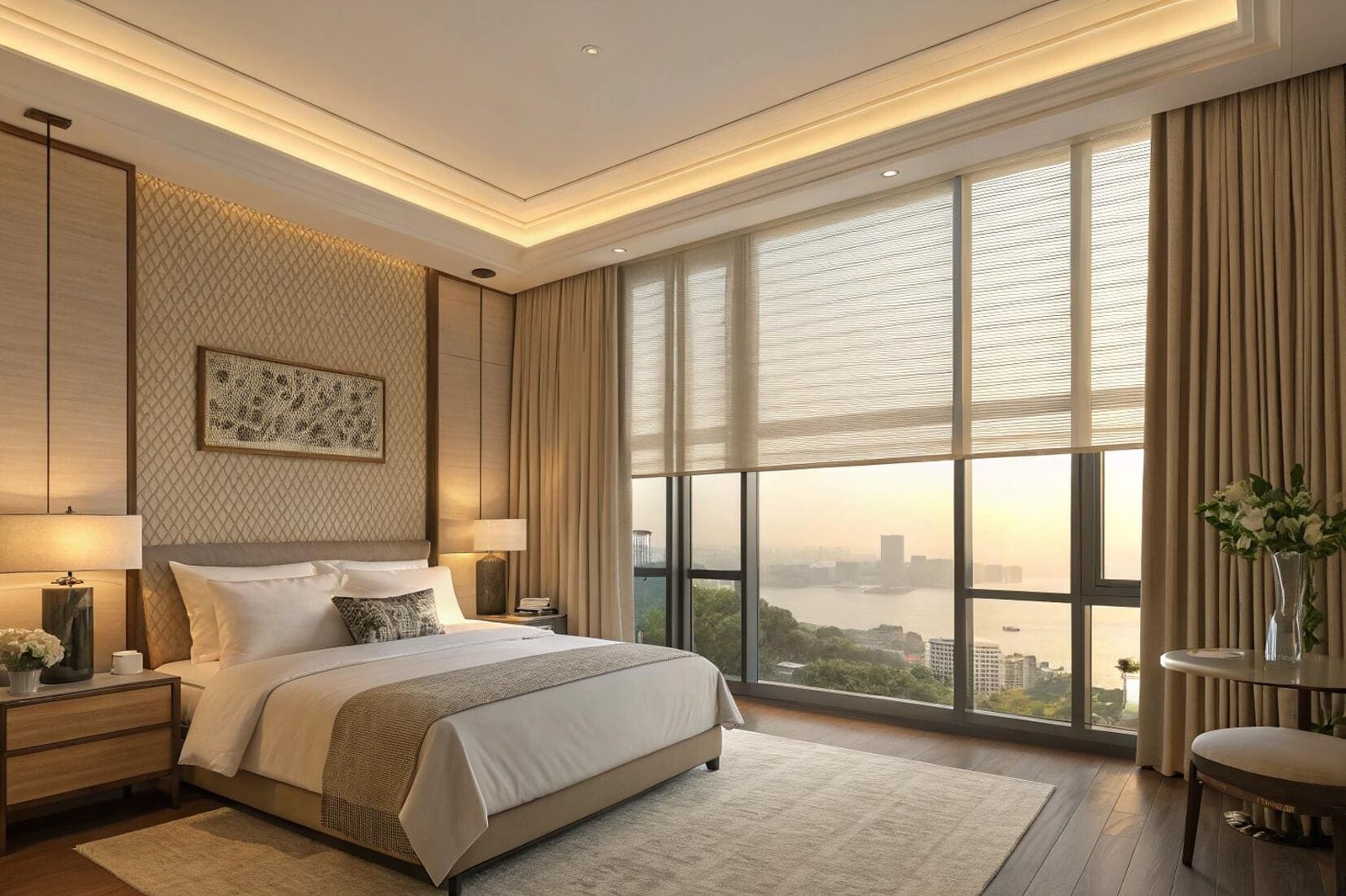 Luxury bedroom with blackout roller blinds and city view