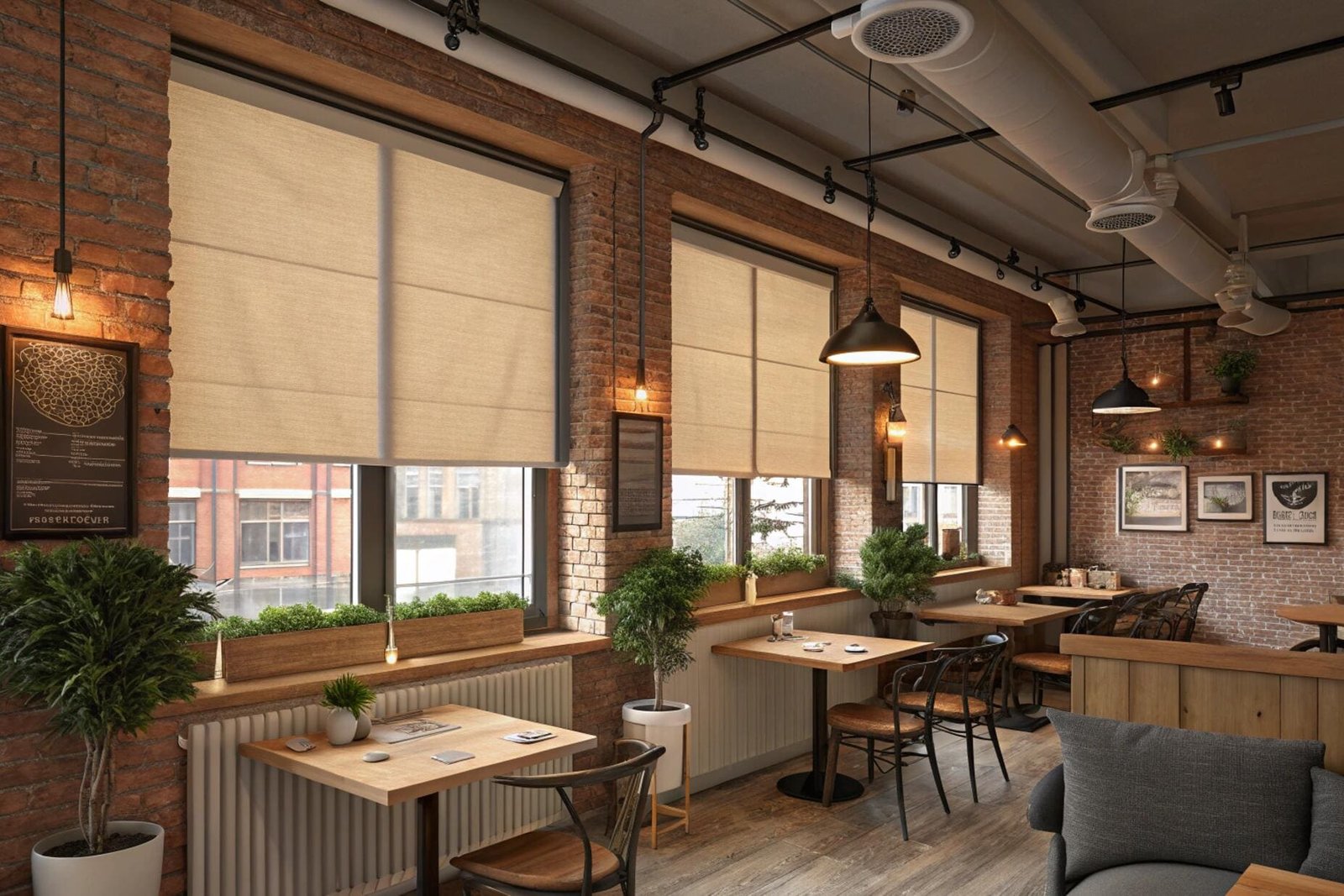 Industrial-style cafe with blackout roller blinds