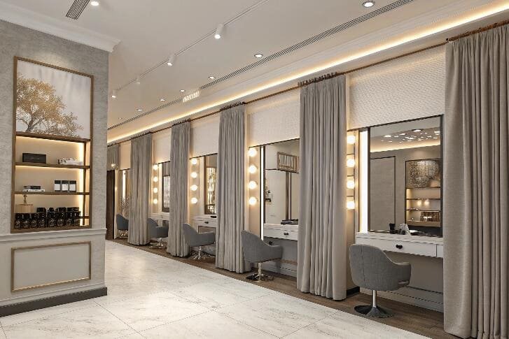 Modern hair salon with soft roller blinds and vanity mirrors