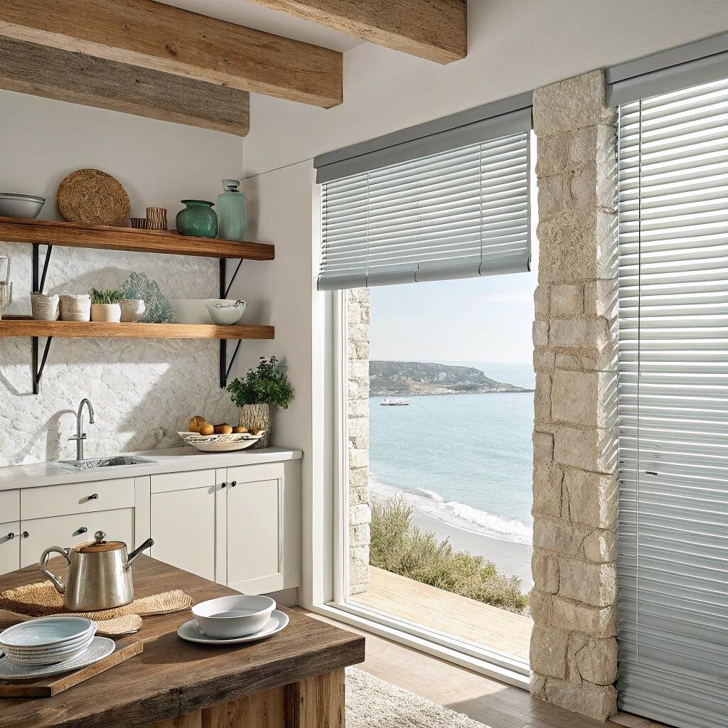 Beach kitchen with light gray aluminum blinds and ocean view