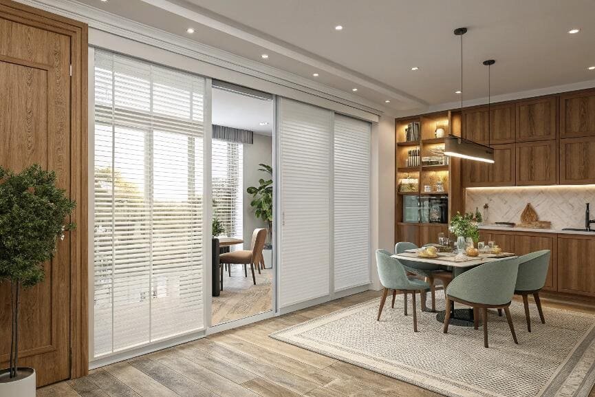 Dining room with vertical blinds and wood cabinetry