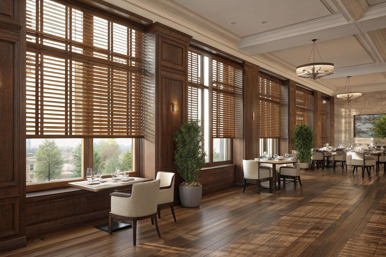 Wooden Venetian blinds offer privacy in elegant restaurant dining space
