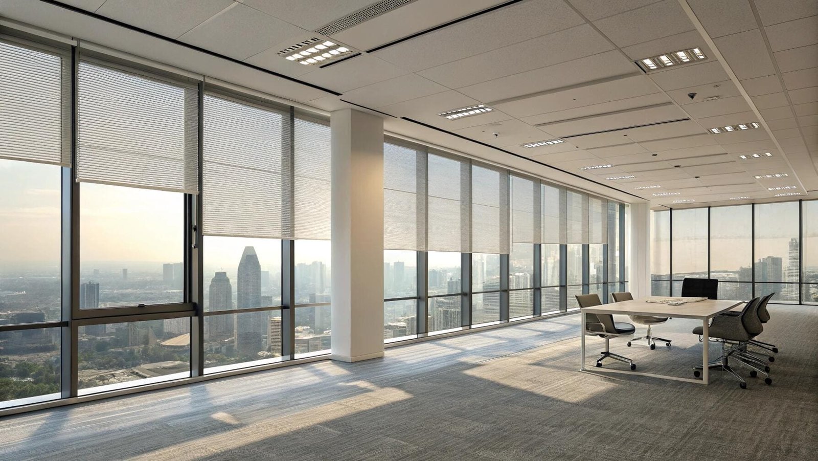 Motorized roller shades in spacious modern office space