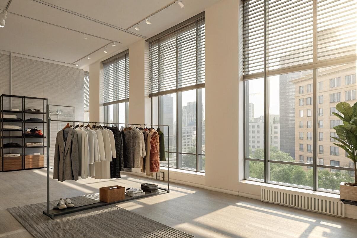 Modern clothing store with [aluminum venetian blinds](https://theshadestorewa.com.au/durability-and-beyond-the-advantages-of-aluminium-venetian-blinds/)[^1] and natural daylight