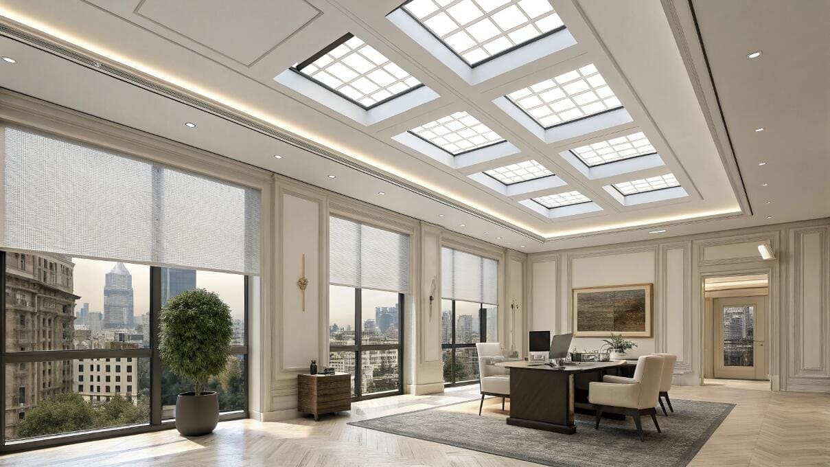 Executive office with smart mesh roller shades and skylight