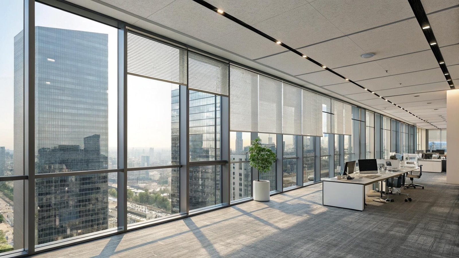 Modern high-rise office with various smart window blinds
