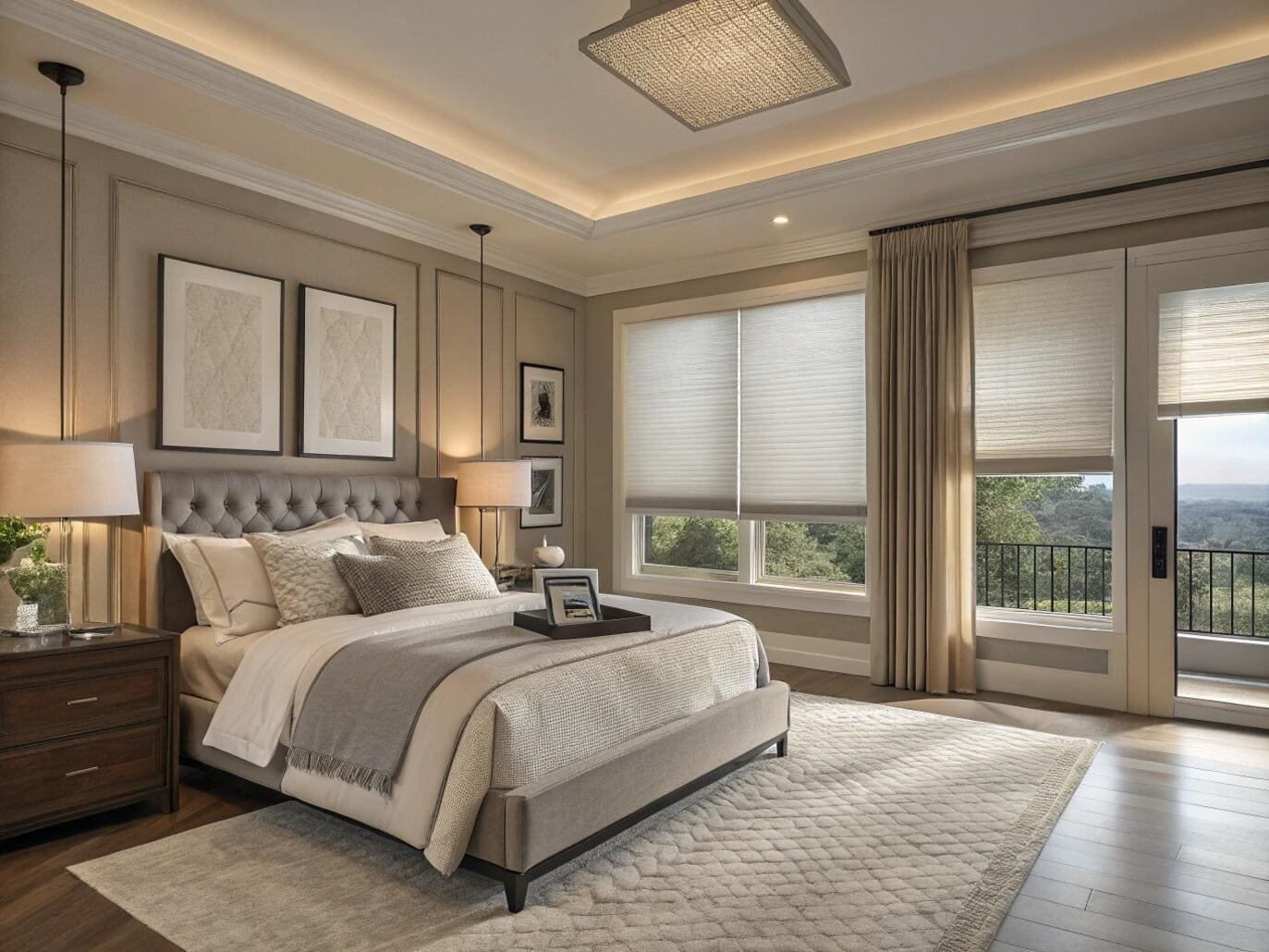 Elegant bedroom with cellular shades and a view of nature