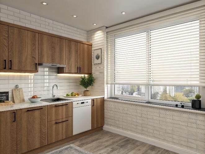 Bright kitchen with white horizontal blinds over sink area