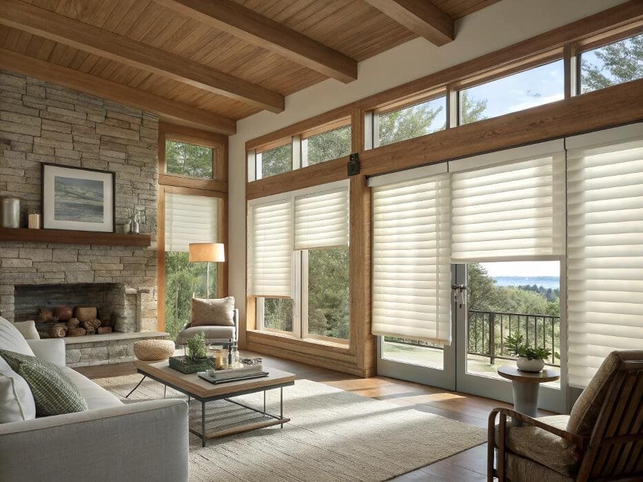 Spacious living room with light roman shades and wooden accents