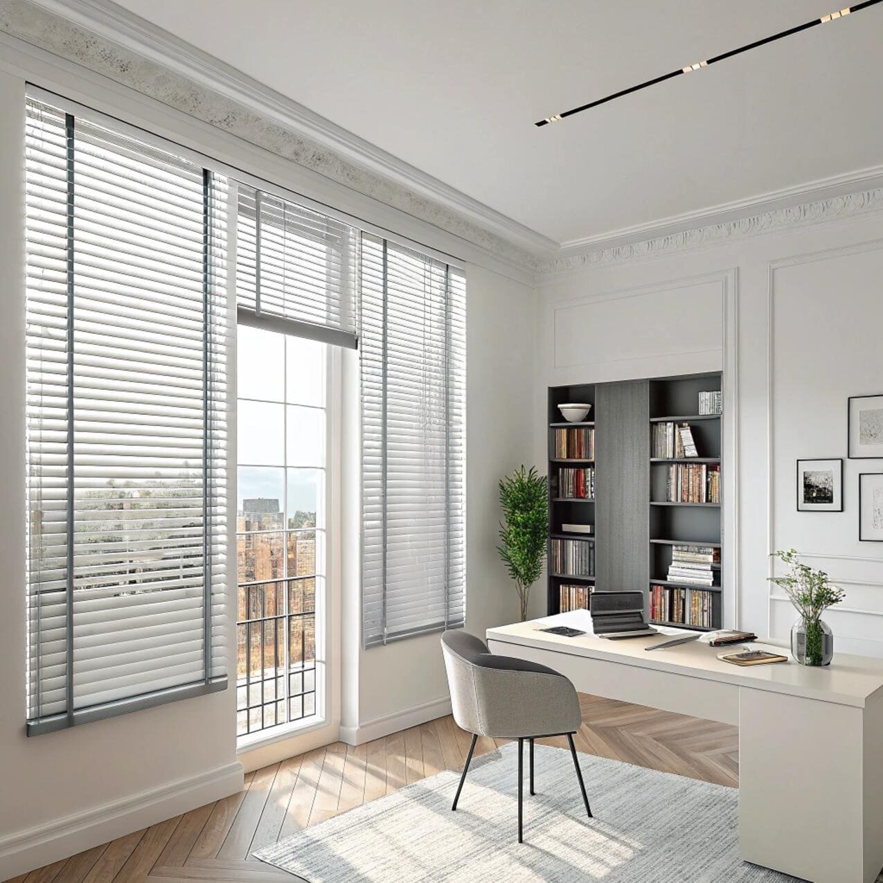 Modern home office with gray aluminum blinds and bookshelf