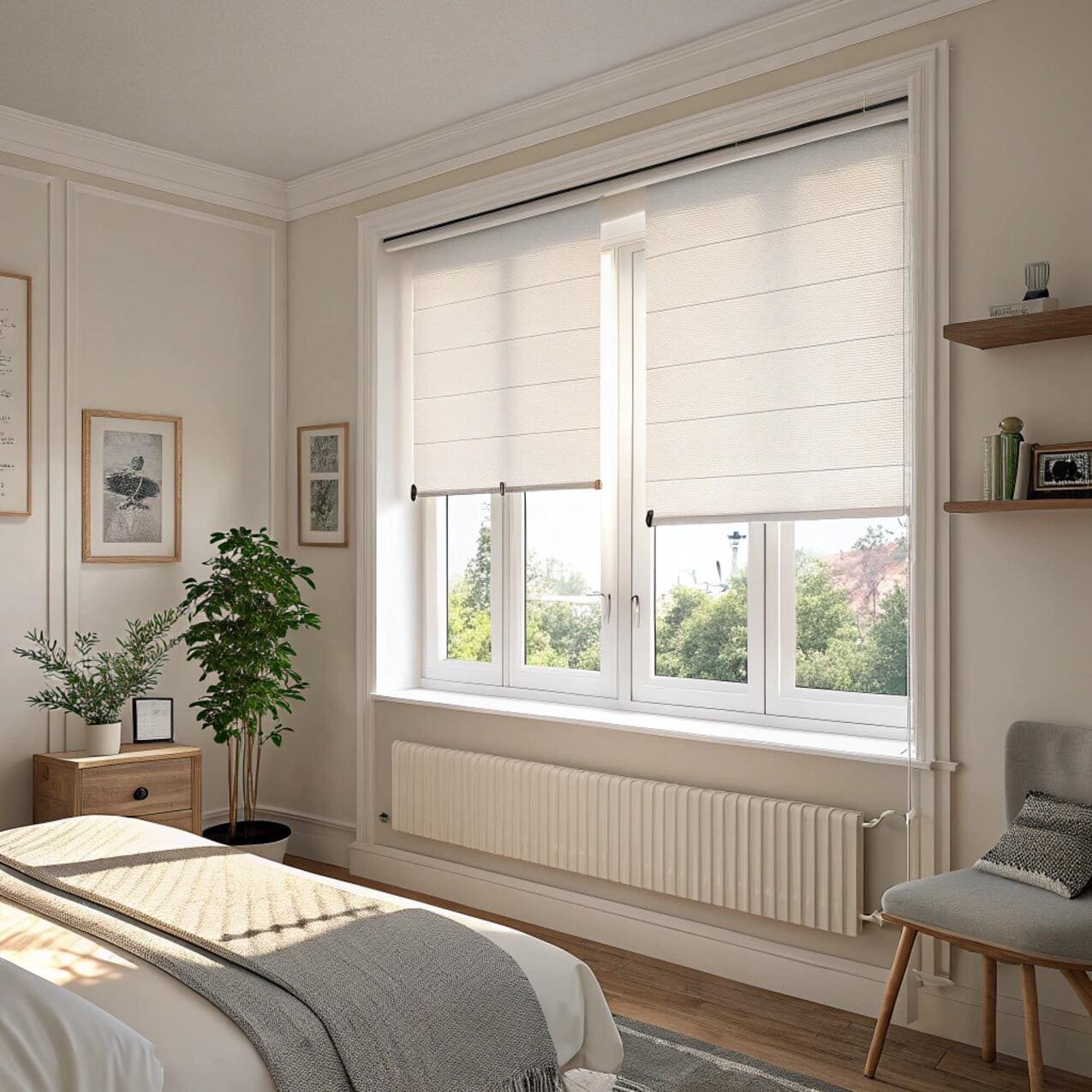 Cozy bedroom with beige fabric roller blinds