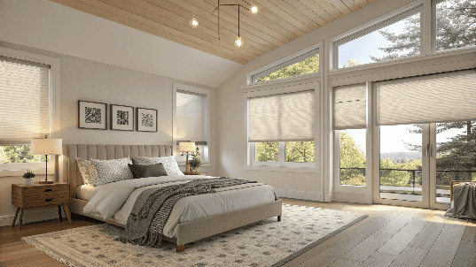 Bright modern bedroom with pleated blinds and balcony