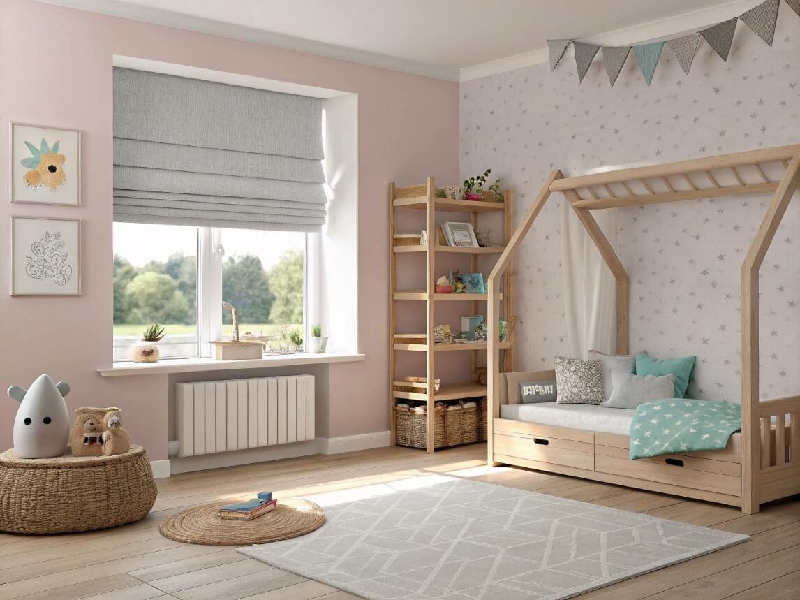 Pink nursery with a canopy bed and a gray roman shade