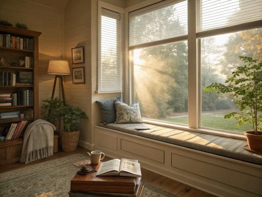 Cozy reading nook with a window seat and white horizontal blinds