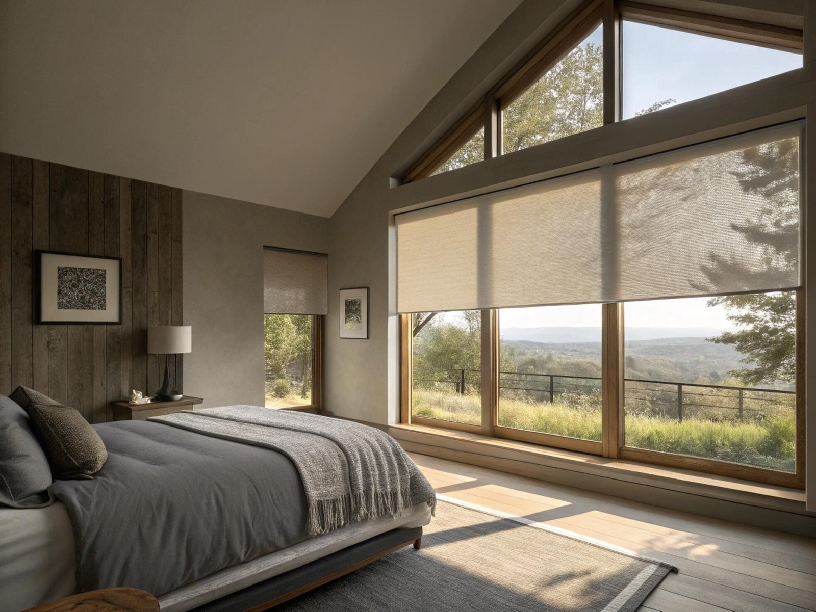 Spacious bedroom with angled windows and natural-toned roller shades