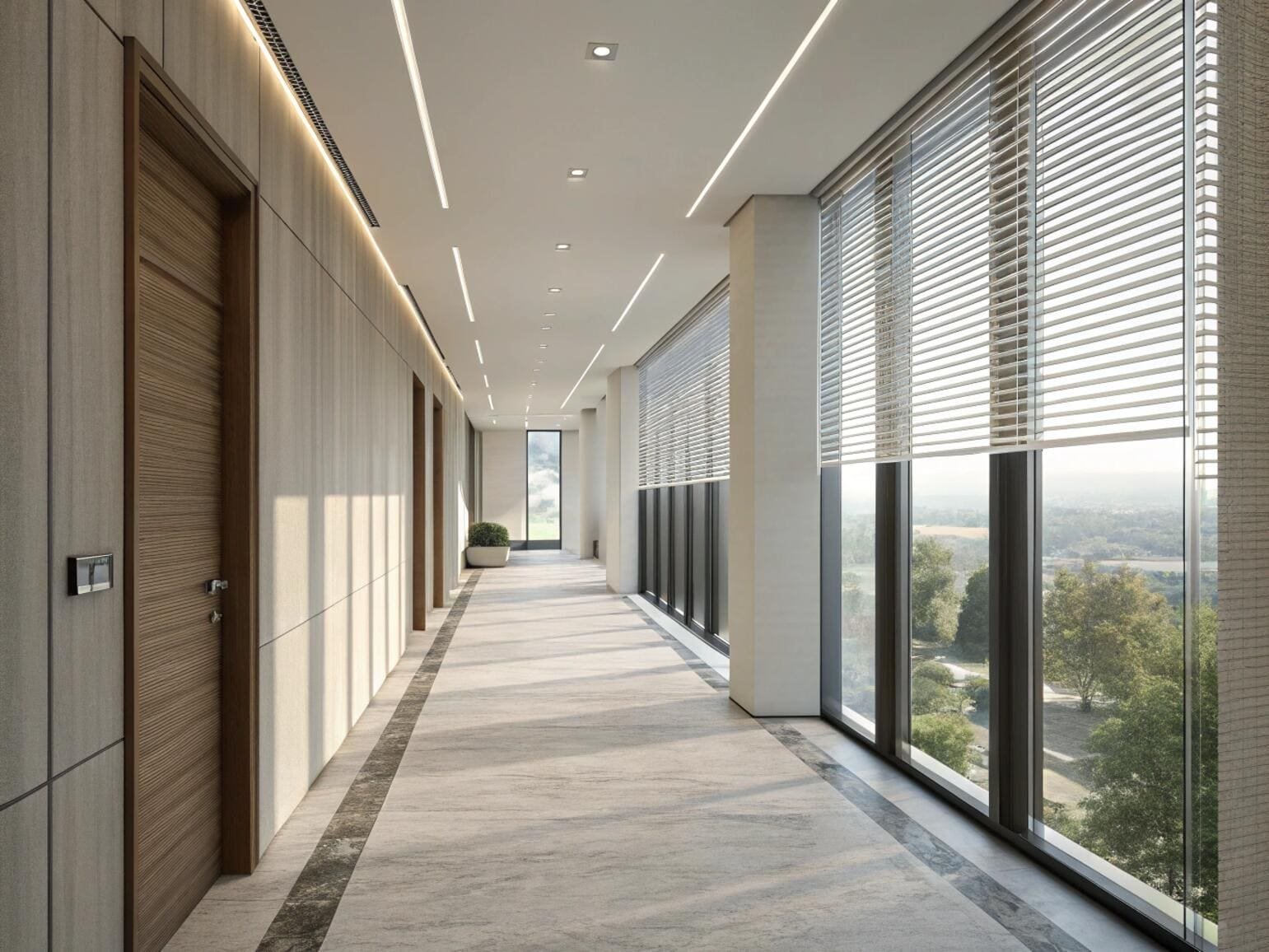 Long modern office hallway with large windows and elegant horizontal blinds