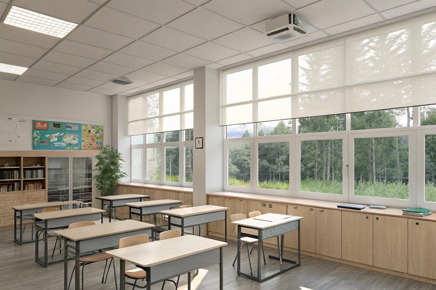 Classroom with large windows and sheer light-filtering roller shades
