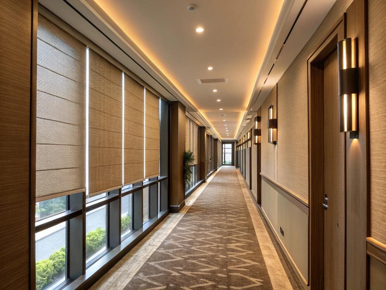 Luxury hotel corridor with large windows and natural-toned roller shades