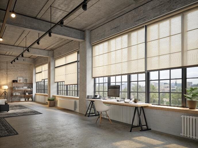 Loft office space with large windows featuring beige cellular shades