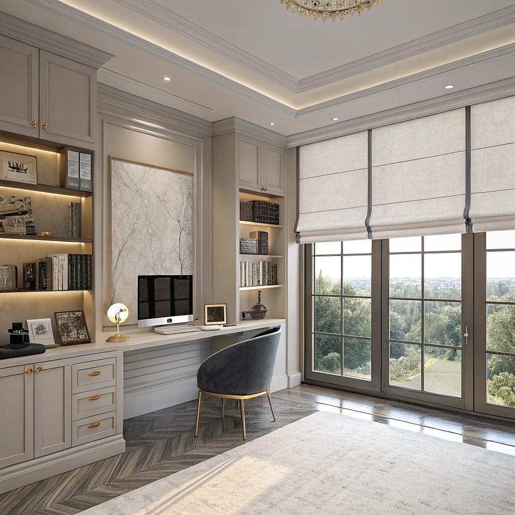 Elegant home office with large roman shades