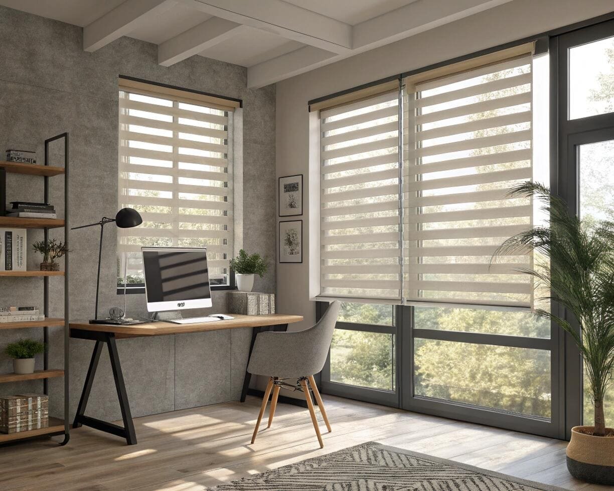 Home office with zebra blinds for light control