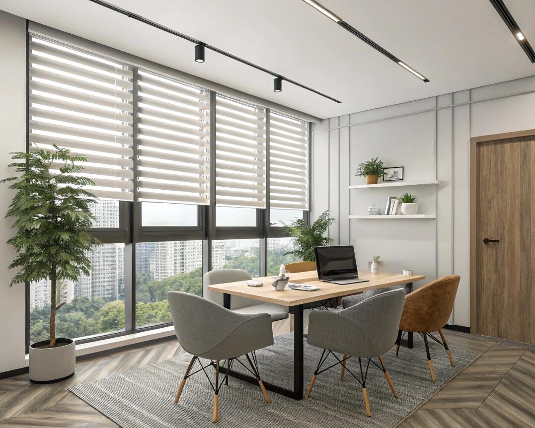 Office meeting room with city backdrop and stylish zebra blinds