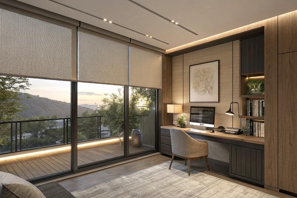Elegant home office with textured roller shades, mountain view.