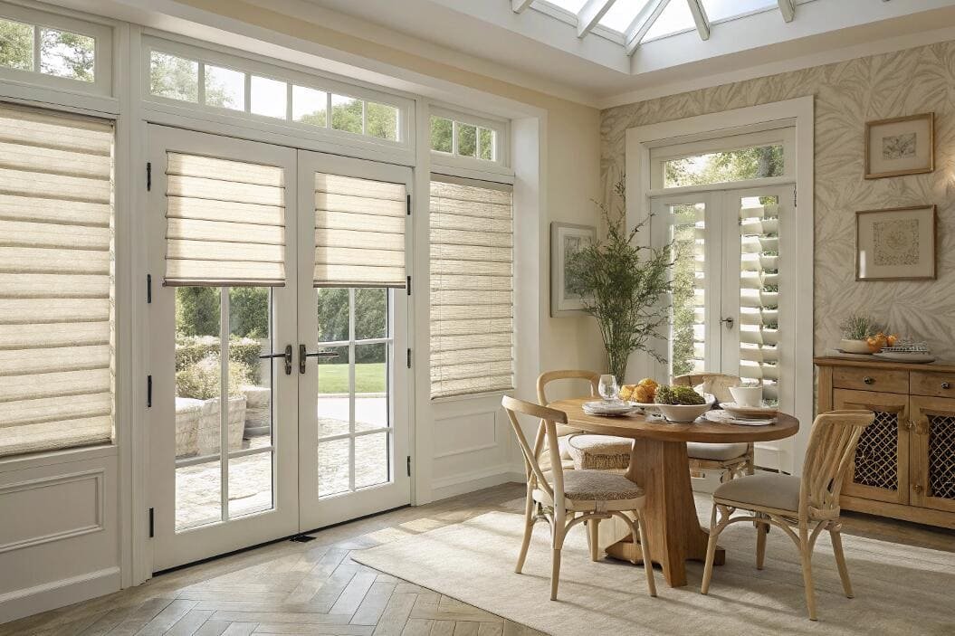 Bright dining room with French doors and natural Roman blinds for privacy