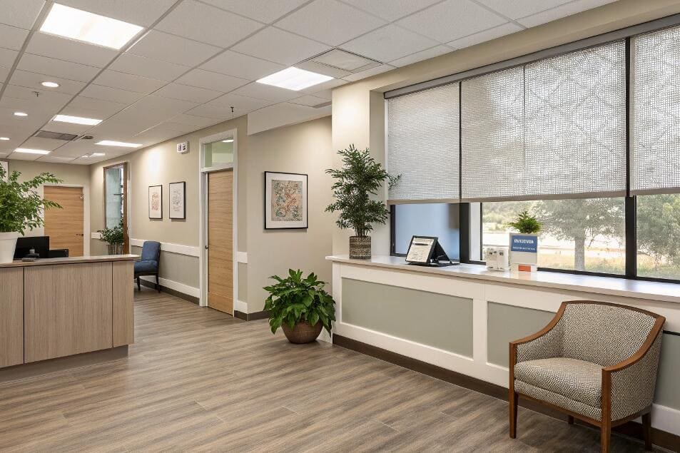 Healthcare waiting room with textured roller shades and natural light.