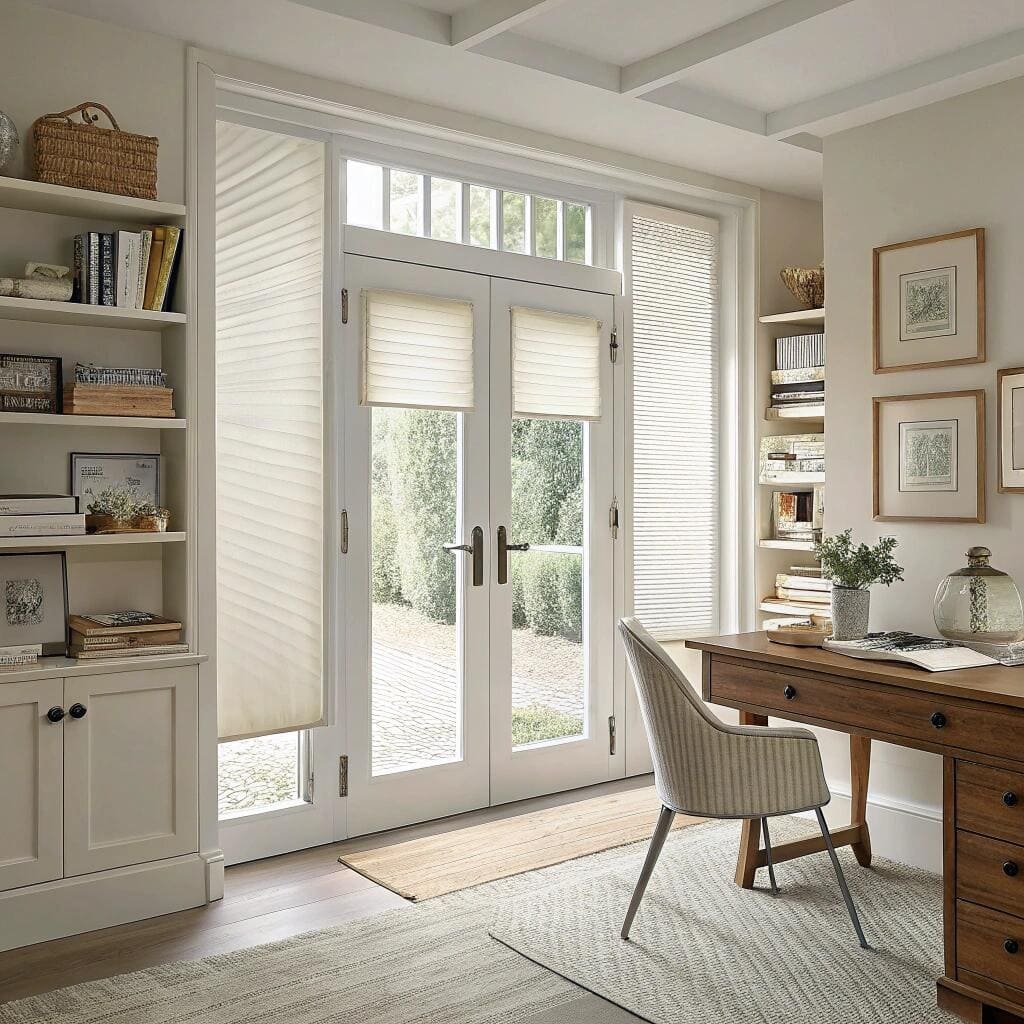 Home office with [cellular shades](https://galaxywindowcoverings.com/cellular-shades-french-doors/)[^2] and French doors