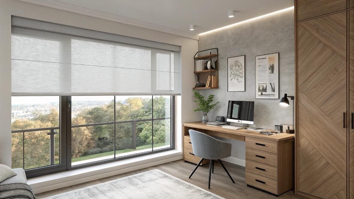 Contemporary home office with grey roller shades overlooking an urban landscape.