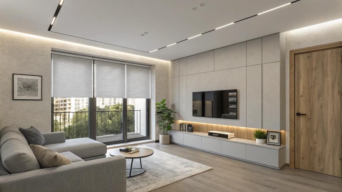 Modern city apartment living room with efficient cellular shades.