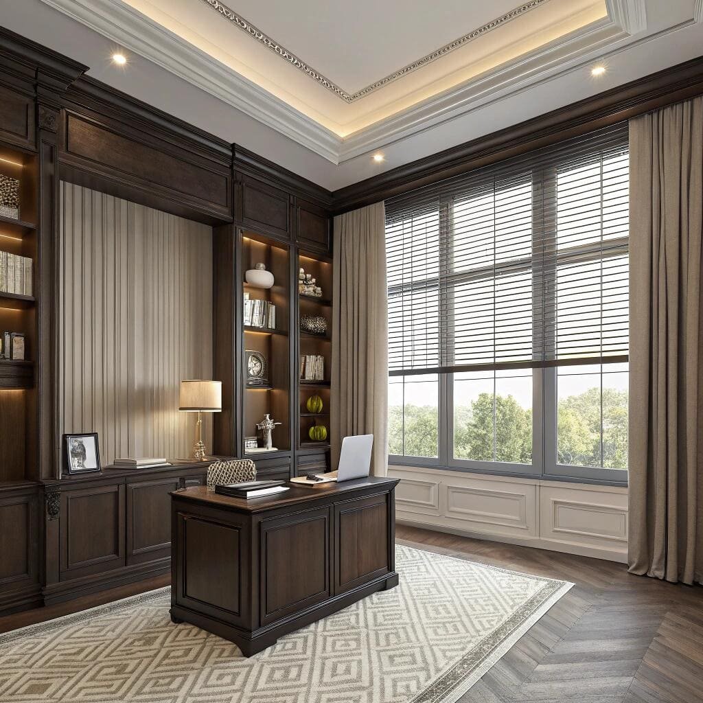 Traditional executive office with drapery and wood blinds