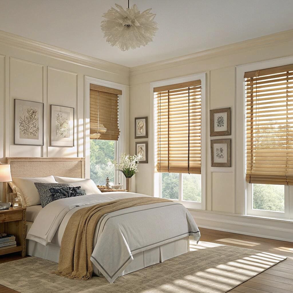 Bedroom with natural wood blinds and neutral decor